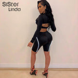 Sisterlinda Reflective Stripes Buckle Strap Sexy Crop Top Women Shorts Tracksuit Set Women Summer Fashion Club Streetwear