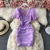 Purple/Brown/White Sexy Mesh Draped Bodycon Dress Women Elegant Square Collar Short Puff Sleeve Pleated Vestidos Female