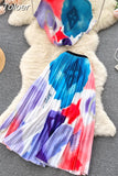 Print Women T Shirt Suit Top + Midi Long Large Swing Pleated Skirt Set For Woman Summer Clothing fashion Two Piece