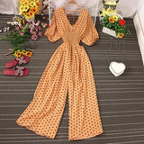 Jumpsuit Women Casual Elegant Polka Dot Puff Sleeve High Waist Chiffon Wide Leg Playsuit Female Rompers