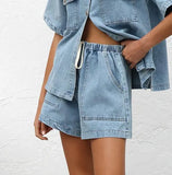 2025 New Vintage Casual Pocket Short Sleeve Shirt Shorts Denim Set