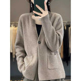 Autumn And Winter New Cashmere Cardigan Female V Collar Loose Solid Color Thick Jacket Lazy Wind Wool Knit Sweater Coat-Outfit