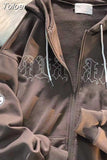 Embroidery Zip Up Hoodies Women Long Sleeve Sweatshirts Loose Hooded Jackets Y2K Clothes Grunge Punk Vintage Overcoat