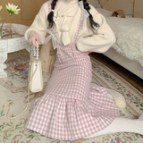 Kawaii Woolen Pink Plaid Mermaid Skirt Women Autumn Japanese Sweet Elegant High Waist Slim Strap Long Skirts Soft