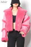 Colorblock Lapel Lambswool Jacket For Women Long Sleeve Women's Casual Short Coat Female Fashion Clothing Winter