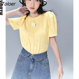 Women T-shirts 2022 Summer Short Puff Sleeve O Neck Loose Tees Solid Yellow Flower Pin Elegant