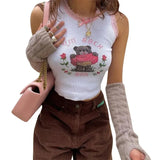 Cartoon Bear Crop Top 2000s Clothes Sweet Cute Lace Trim Tanks y2k Aesthetic T Shirt Women Sweats Grunge Fairy Core