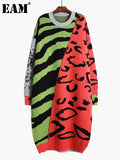 Women Leopard Big Size Long Knitting Dress New Round Neck Long Sleeve Loose Fit Fashion Tide Autumn Winter 2022