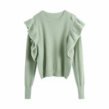 Women Sweet Cascading Ruffle Solid Knitting Sweater Female O Neck Long Sleeve Casual Chic Pullovers Pleated