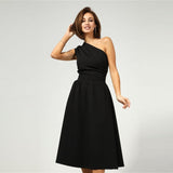 party French One-Shoulder A-Line Dress Woman Diagonal Collar Sleeveless High Waist Office Lady Mid-Calf Dress 2022 New