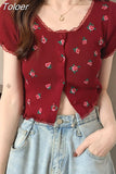Knitted Cardigan Crop Top Women Summer 2023 Floral Lace Patchwork Shirt Single Breasted Cute T Shirts Short Sleeve