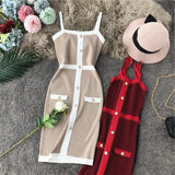 Color Striped Tight Stretchy Knit Tank Dress Single Breasted Buttons Ladies Party Sexy Body-con Step Knit