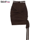Puss Women Cotton Bandage High Waist Multilayer Mini Skirt Cross Sexy Sling Solid Brown Basic Elastic Streetwear