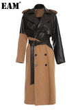 Women Khaki Pu Leather Big Size Long Trench New Lapel Long Sleeve Loose Fit Windbreaker Fashion Spring Autumn 2023