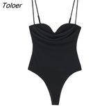 Women Sexy V Neck Pleats Design Black White Color Spaghetti Strap Bodysuits Ladies Zipper Playsuits Mujer Rompers