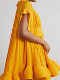 Asymmetrical Solid Mini Dresses For Women Round Neck Short Sleeve High Waist Spliced Plieasted A Line Dress Female