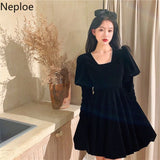 Temperament Woman Dress Vintage Robe Square Collar Puff Sleeve Slim Velvet Vestidos Mujer Korean Elegant Black