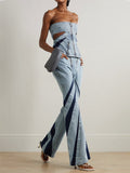 Fashion Women's Tank Tops Slim Strapless Backless Hollow Out Zip Splited Solid Color Denim T-shirt Summer 2023 New