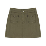 Vintage Y2k Green Cargo Skirt Women Retro Streetwear 90s Pocket Patchwork High Waist A-line Denim Mini Skirt