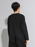 Women Black Buckle Stitch Big Size Asymmetrical T-shirt New Round Neck Long Sleeve Fashion Tide Spring Autumn
