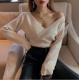 Fashion Sexy Cross V-Neck Women's Sweaters Autumn Winter Bottoming Slim Female Jumper Casual Solid Bodycom Beige Grey