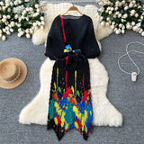 High-End Dress Women Design Feel Strapped Waist Bat Sleeve Pressure Fold Printing Irregular Dress