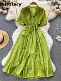 Quality French Lace Dress Women Elegant Short Sleeve Hollow A-line Dresses Summer Fashion Streetwear Maxi Long