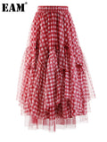 High Elastic Waist Red Plaid Irregular Bow Mesh Long Half-body Skirt Women Fashion Tide New Spring Autumn 2023