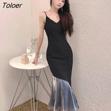 Korean Summer Sexy Strap Sleeveless Midi Party Club Dress Ladies Elegant Coffee Break Retro Bodycon Beach Mermaid