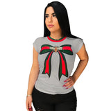 T Shirt Women Bow Tie Print Casual T-Shirt Short Sleeve Female Tshirts Tops O-Neck Blusas