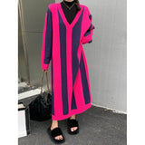Women Striped Knitting Big Size Long Warm Dress New V-Neck Long Sleeve Loose Fit Fashion Tide Autumn Winter 2022