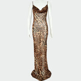 Sexy Sling Backless Leopard Print Dress Summer Fashion Personality Skinny Long Low Cut Maxi