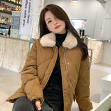 Design Sense Splicing Lamb Wool Collar Light Diamond Cotton Clothes Female Autumn And Winter New Korean Version Of Chic Casual Warm Cotton-Padded Jacket-Outfit
