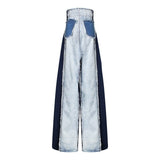 Casual Denim Patchwork Women Trousers High Waist Hit Color Large Size Wide Leg Pants Female Fashion Autumn 2023