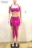 Gold Rose Red 2 Piece Matching Sets Women Suit Halter Neck Backless Bra Tops and Tied Front Ruched Skinny Mini