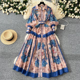 Court Print Flip Lantern Sleeves To Close Waist Single Buckle Dress Women Thin Elegant Long
