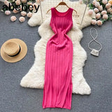 Knit Sexy Strap Dress Women Tank Elatic Waist Bodycon Sundress Female Beach Split Backless Long