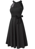 Vintage Halter Sleeveless Solid Lace Bow A-line Midi