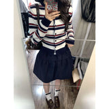 Color Design Sense Retro Striped Knitted Cardigan Women's Spring And Summer College Style Sweater Tibetan Blue Short Skirt Two-Piece