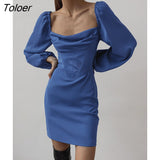 Blue Elegant Square Collar Short Dress Sexy Black Puff Sleeve Party Dresses 2022 Pleated Fall High Waist Slim Dress