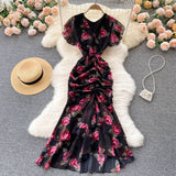 New Light Luxury Chiffon Print Dress Temperament Lotus Side Fishtail Dress Female Dress