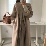 Aachoae Women Elegant Long Wool Coat With Belt Solid Color Long Sleeve Chic Outerwear Ladies Drop Shoulder Overcoat