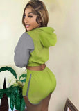 Casual Green Contrast Long Sleeve Hoodies and Shorts