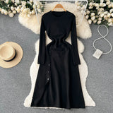 Autumn Women Split Knitted Dress Temperamant Long Sleeve O Neck Slim 2022 Fashion Party Solid Elastic Warm Long