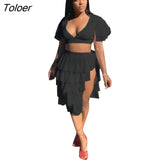 Sexy Dress Low Chest Puff Sleeve Top Cake Puffy Skirt 2 Two Piece Set Skirts Sets Ladies Elegant Outfits Solid