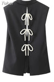 Fashion Women's Vest Notched Collar Loose Single Button Backless Preal Bow Sleeveless Waistcoat Autumn 2023 New