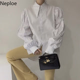 Women Blouse Chic High Street Tops Korean Vintage Turn-down Collar Loose Long Blusas Mujer Puff Sleeve White Shirt