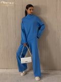 Winter Blue Knit Wool 2 Piece Sets Womens Outfits Elegant Turtleneck Long Sleeve Sweater With High Waist Wide Pants