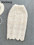 New Ladies Hollow Out Solid Color Elastic Waist Crocheted Skirt With Drawstring