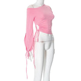 Pink One Shoulder Drawstring Top-Outfit